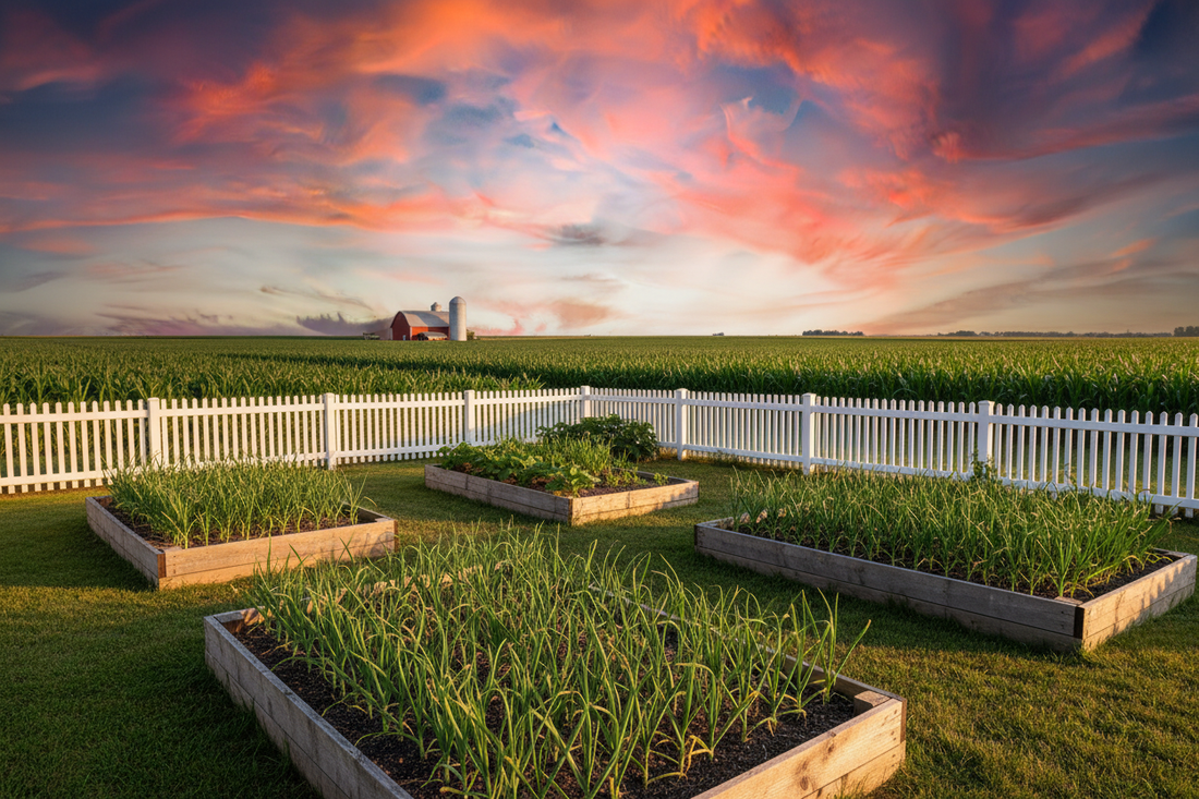  tidy backyard home garden with neat raised beds of green garlic plants growing in rich dark soil behind a white picket fence, vast Iowa cornfields stretching to the horizon beyond the fence