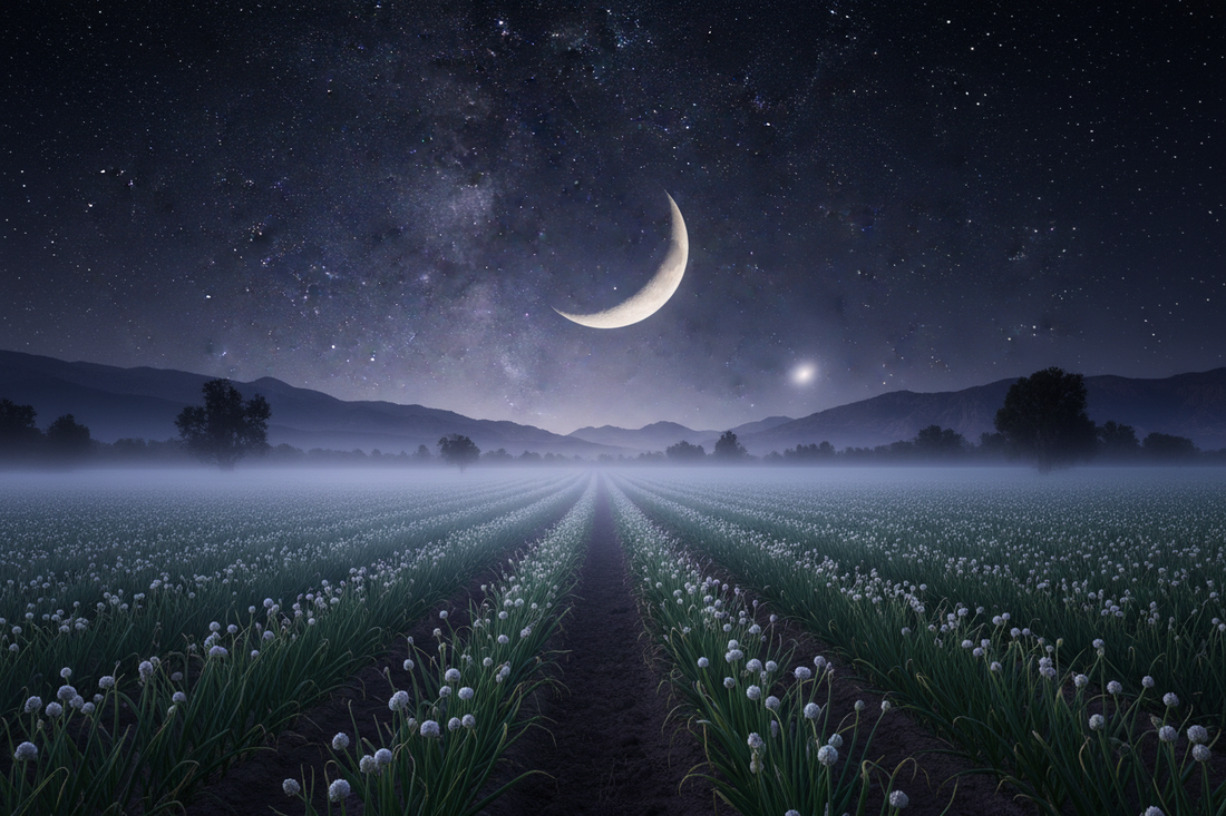 Waning crescent moon over a misty garlic field at night