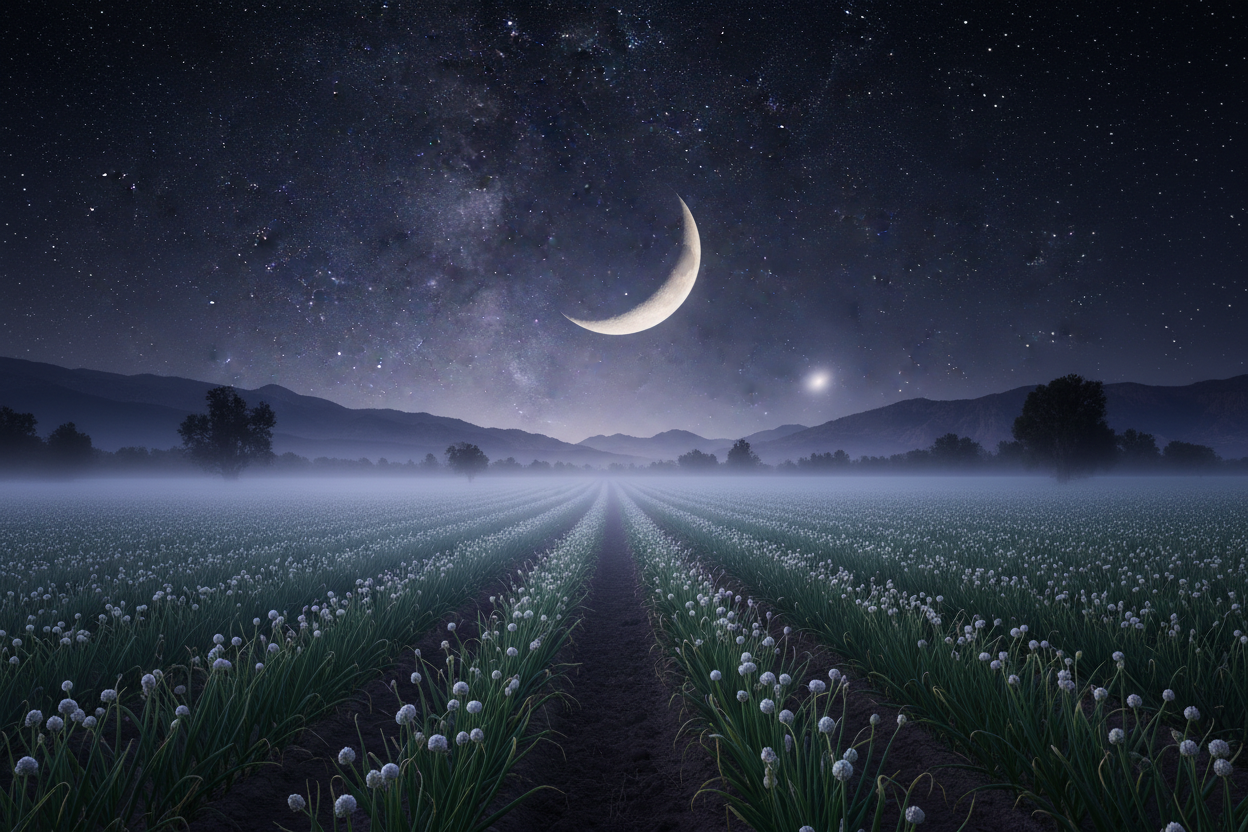 Waning crescent moon over a misty garlic field at night