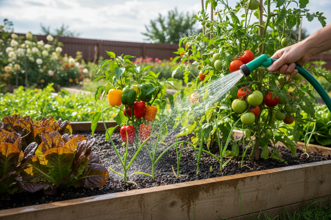 A hand watering a raised garden bed with tomatoes, peppers, lettuce, and garlic using a green garden hose