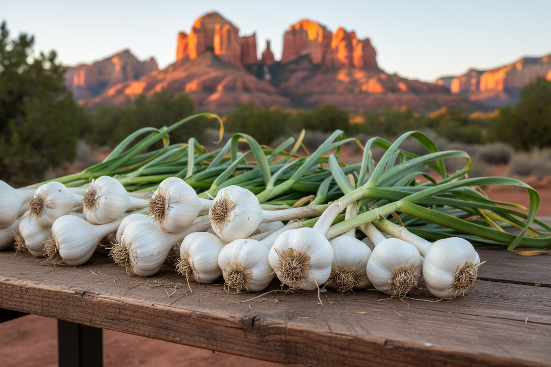Sedona harvest — white softneck garlic with full green leaves
